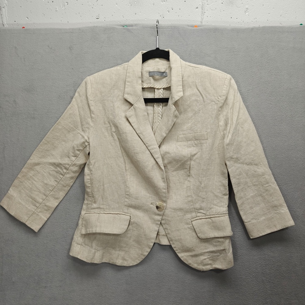 Olivia Moon Linen Blazer Jacket Women Cream 3/4 Sleeve Coastal Minimalist Office